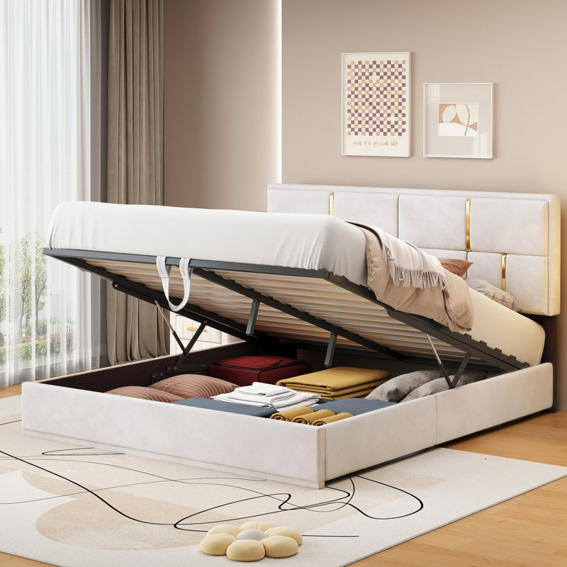 Kleomenis Upholstered Platform Storage Bed, Beige I, Bed with Storage