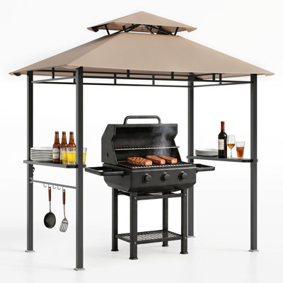 Pavillon de jardin robuste à toit rigide 8 x 5 pi - Toit en acier galvanisé double, auvent ventilé, 2 tablettes latérales, 5 crochets, ouvre-bouteille - Abri barbecue extérieur pour patio, jardin, cour arrière - kaki