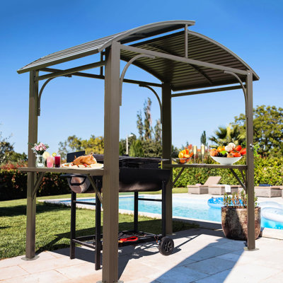 Tente de barbecue extérieure avec toit en arc de 8 pi x 5 pi - Toit en acier galvanisé double, 2 tablettes latérales, abri de jardin pour la terrasse du jardin, auvent de la maison Brown