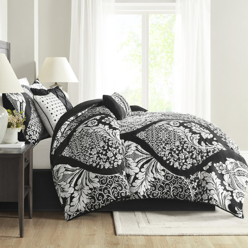 Édredon noir très grand 7 pièces - Drap à motif complexe, Édredon de très grande taille et 6 pièces suppl, Noir