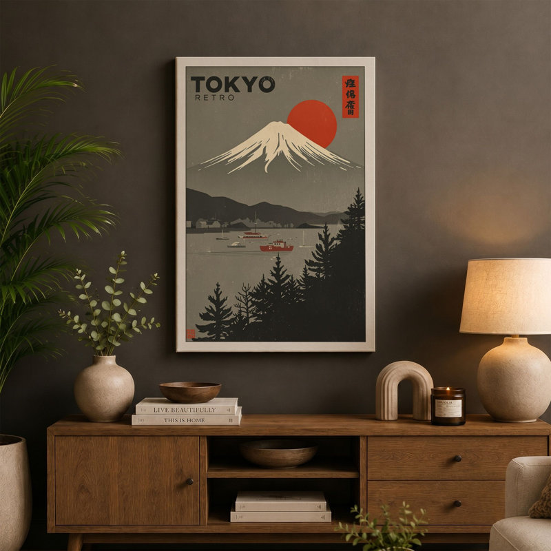 Mount Fuji Rising Japandi - Wrapped Canvas, 30x20 - 76.2 x 50.8 cm, Sage Border