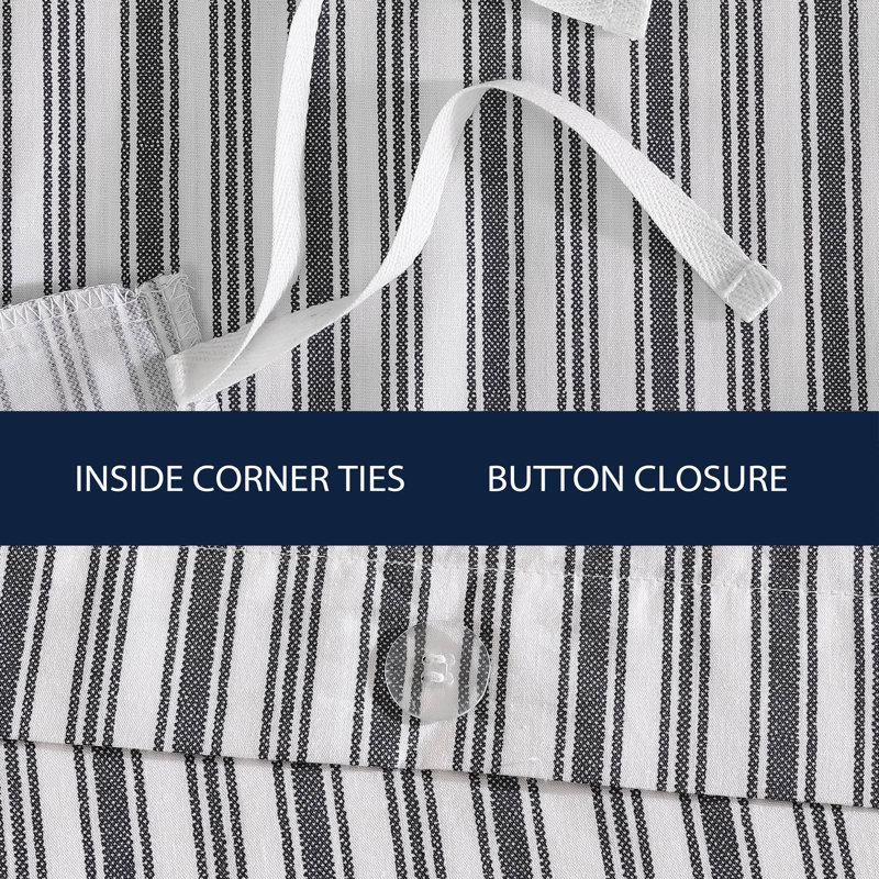 Charcoal and White Striped Cotton Queen Duvet Cover