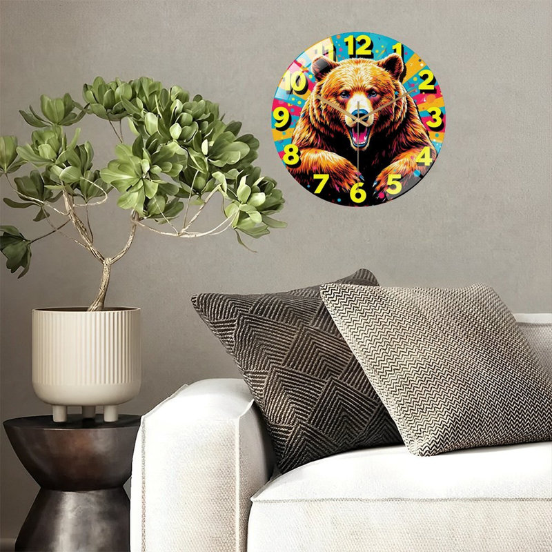 Colourful Bear Wall Clock Art Home Decor Art - 12'' Modern Glass Wall Clock