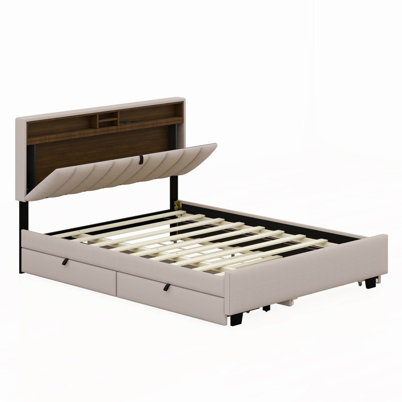 Grand lit plateforme tapissier avec tête de lit Hosley, lit gigogne simple TG et 2 tiroirs, Beige