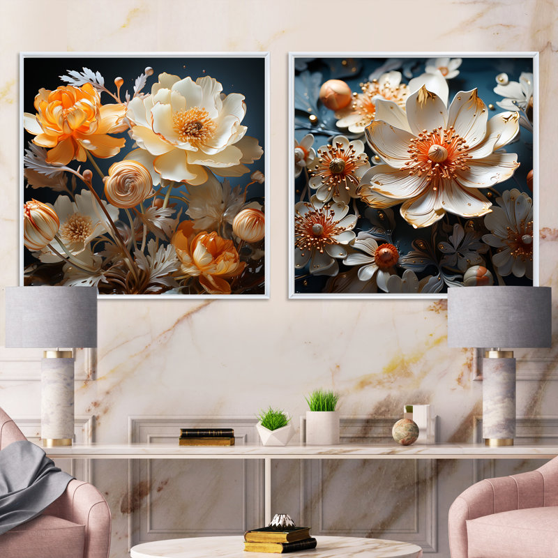 Buttercups Emotion Sunshine - ensemble de 2 collages carrés floraux, Cadre flottant blanc, H 16 po x l 33 po