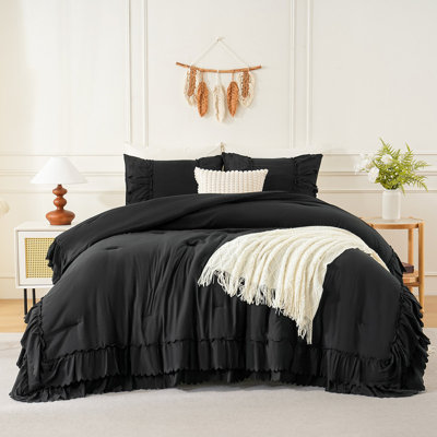 Black Ruffle Comforter Set King Size,Boho Bedding Sets, Soft Fluffy Comforters Sets for All Season,Vintage Ruffled 3 Pcs Microfiber Lightweight Quilt Set