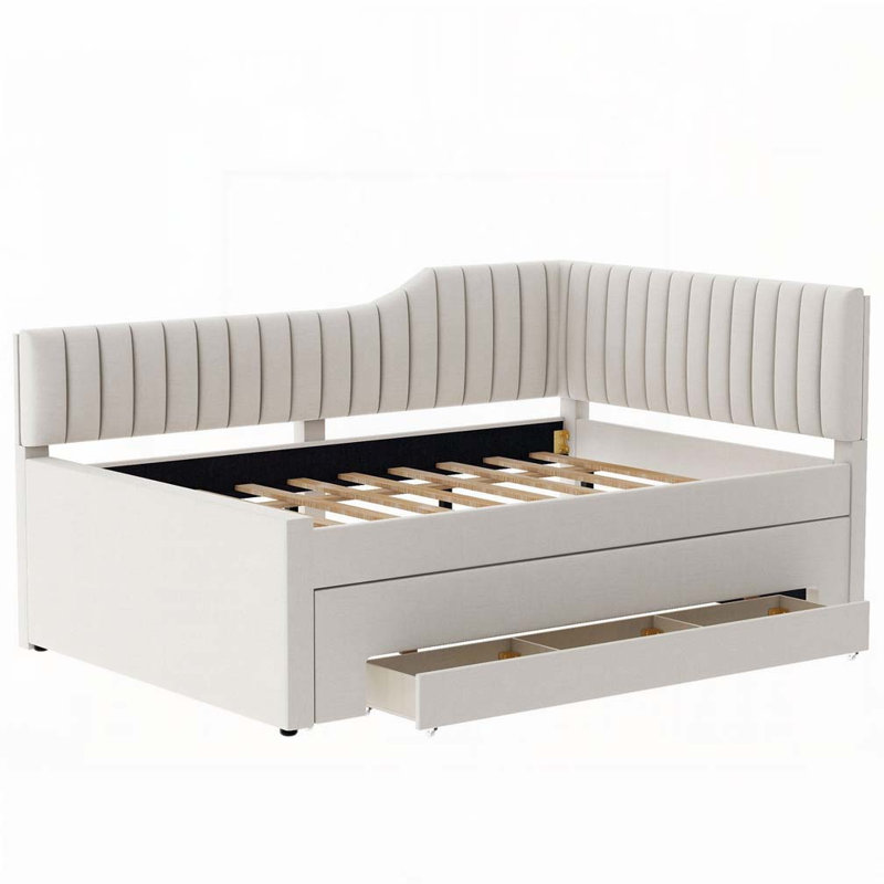 Upholstered Daybed with Trundle and Three Drawers, Beige, Full/Double