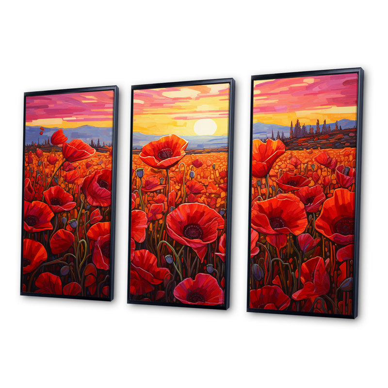 «Red Crimson Bloom Garden Serenade», ensemble d'art sur toile, Cadre flottant noir, H 40 po x l 60 po x P 1 po