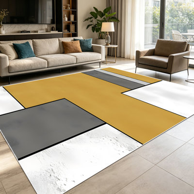 1PC Modern Minimalist Geometric Color Block Mustard Yellow Grey White Abstract area rugs for Living Room, Soft and Comfortable, Suitable for all seasons, easy-to-maintain, machine washable Indoor floor mat, Under Table Farmhouse suitable for...