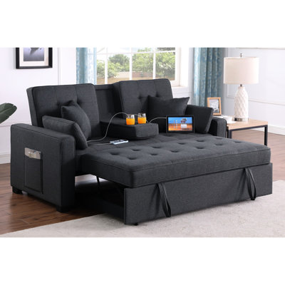 Canapé-lit convertible de 70 pouces, lin gris foncé, poche latérale et chargement en C, siège à ressorts ensachés pour une détente confortable, pouces rabattables, petits espaces de vie