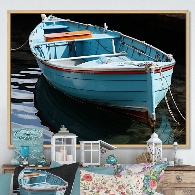 Bateau de pêche bleu et rouge - Bateau de pêche, art mural, Cadre flottant brun, H 12 po x l 20 po x P 1 po