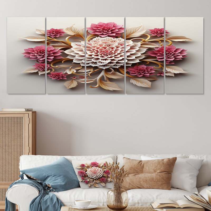 Blooming Dahlia rose avec feuilles dorées - ensemble de 5 décorations murales Dahlia, H 28 po x l 60 po