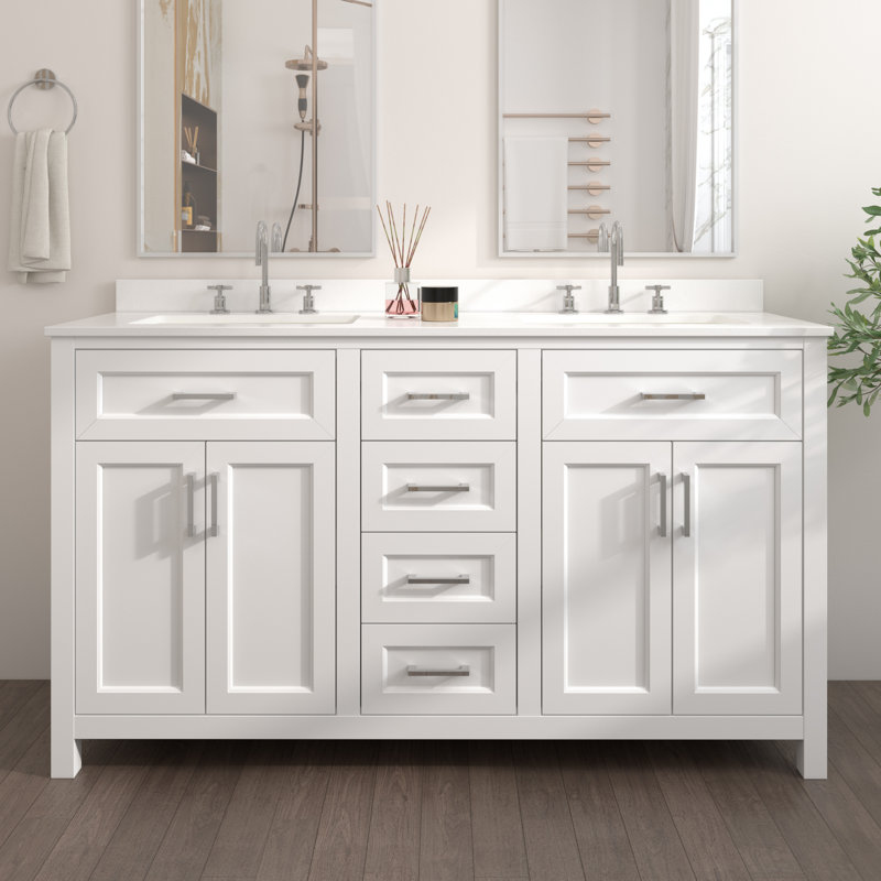 Meuble-lavabo double 60 po avec lavabo en céramique Chezkel, Blanc, Nickel satiné
