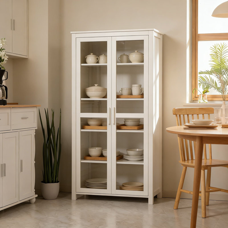 Armoire de cuisine autoportante avec portes en verre et tablettes réglables, armoire de rangement à 5 niveaux pour la salle à manger et le salon