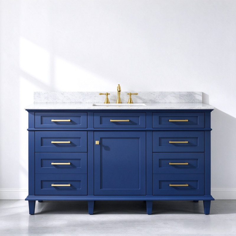 Mallery 60 " W Freestanding Standard 1 Single Vanity Bathroom Vanity With Marble Top, Blue