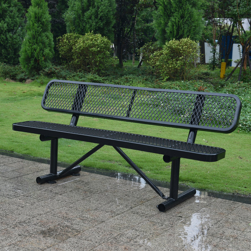 Banc d'extérieur en acier avec dossier, Noir, noir, noir, noir, H 32,53 po x l 96,03 po x P 23,23 po