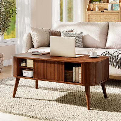 Modern 39.37" W Oval Coffee Table with Slatted Storage & Tapered Legs