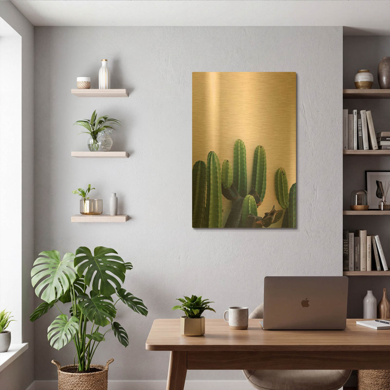 «Cactus on Pink» par Incado, art mural en métal doré, 24 po x 36 po, 24"x36"