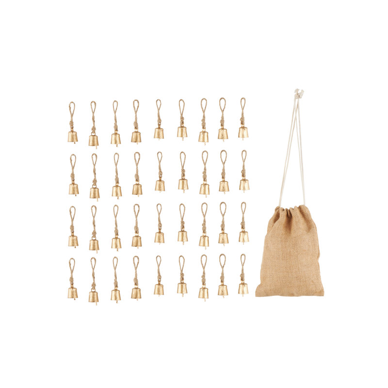 Metal Tibetan Inspired Indoor Outdoor Gold Decorative Bells With Brown Jute Rope And Canvas Drawstring Tote Set