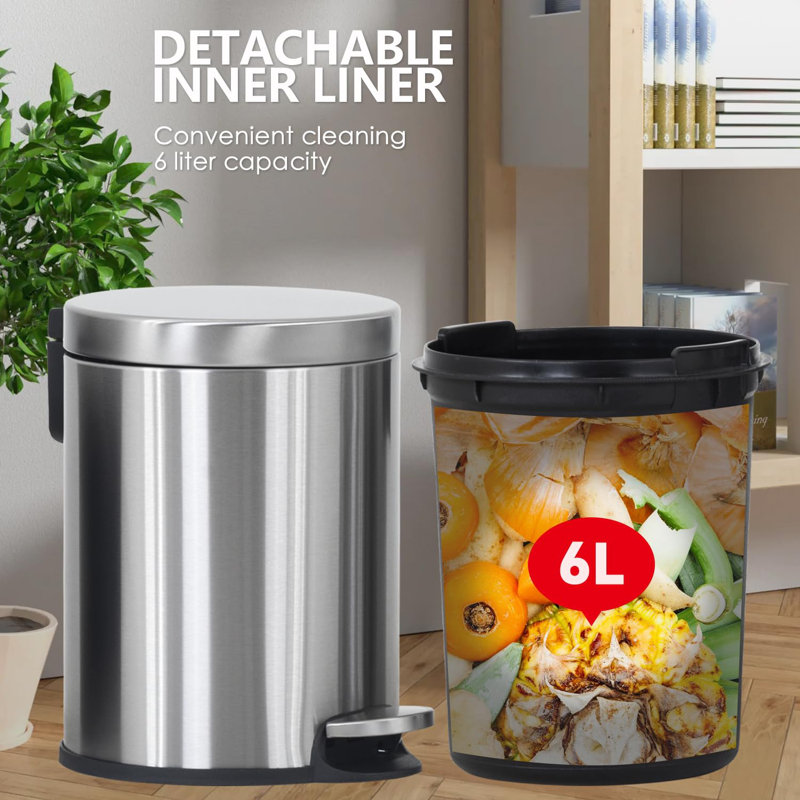 Silver Stainless Steel Round Pedal Trash Can for Indoor Use