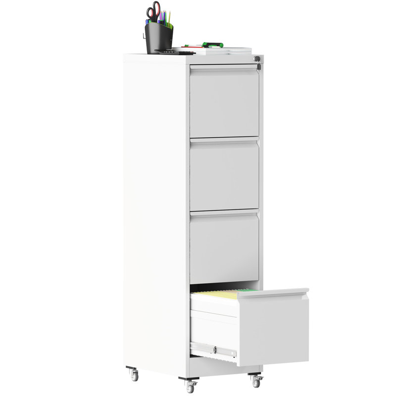 4 Drawer Vertical File Cabinet In White, With Lockable Wheels, Secure Storage For Legal & Letter Size Files, - Tilt Design, Easy Mobility, Adjustable Bar Metal Home And Office Use, Corrosion , Bar,