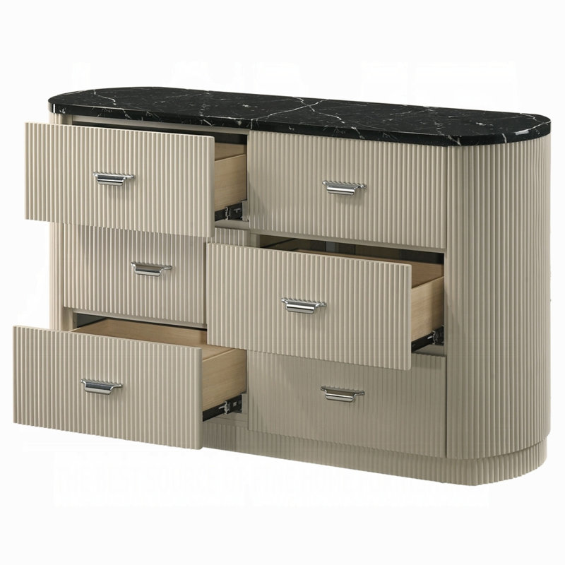 Commode Trex, 63 po, 6 tiroirs à roseaux avec plateau en faux marbre noir, beige