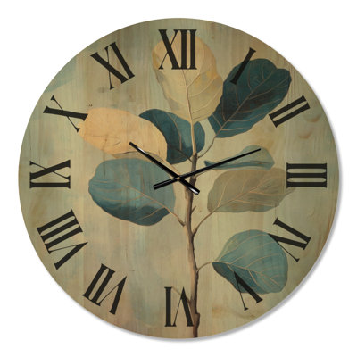 Horloge murale décorative botanique en forme de branche de figuier bleue, imprimée sur bois