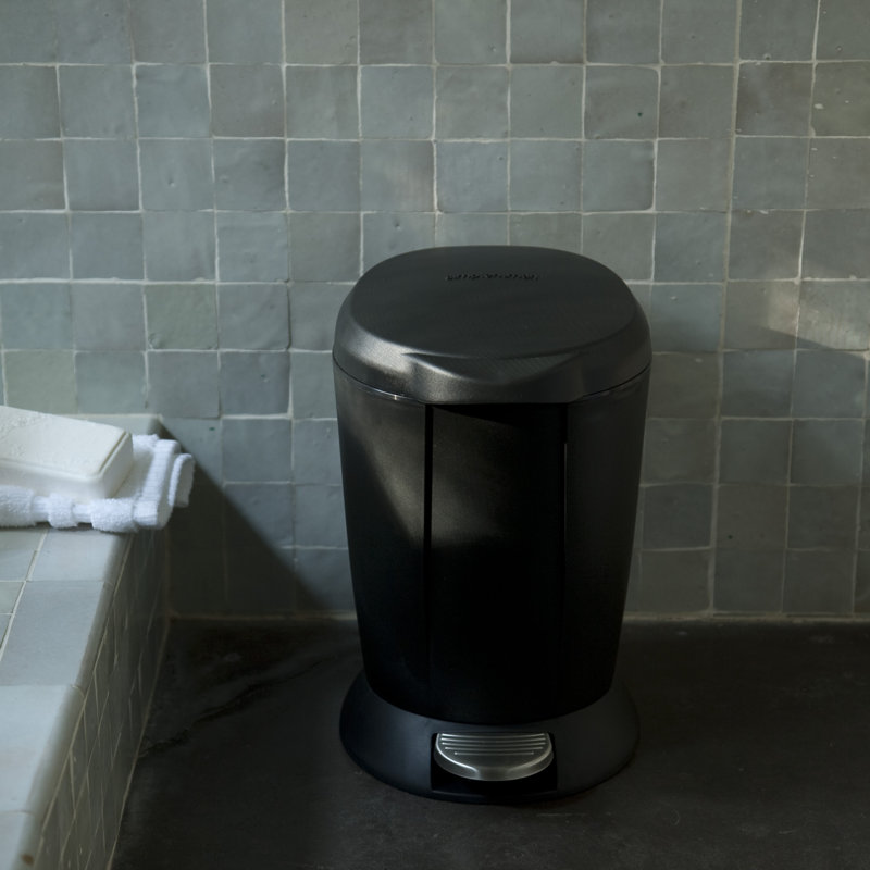 simplehuman 6 Litre / 1.6 Gallon Small Compact Round Bathroom Step Trash Can, Plastic, Black