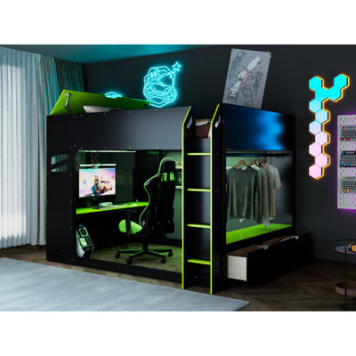 Full Size Loft Bed With Strip, Adjustable Desk, And Dual Drawers - A Stylish Functional For All Ages Height Lights, Hanging Rod Ideal Gaming Personal Relaxation