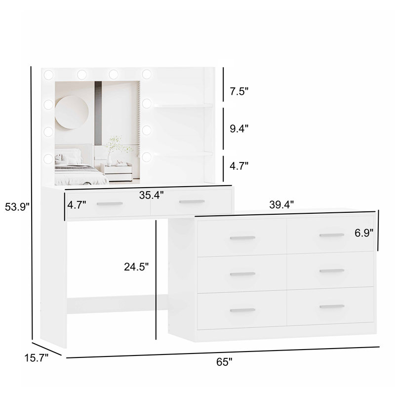 Jaisen 65"W Makeup Vanity Desk with Mirror and 3-Color Lights, 8 Drawers Vanity Table with Storage Shelf, White