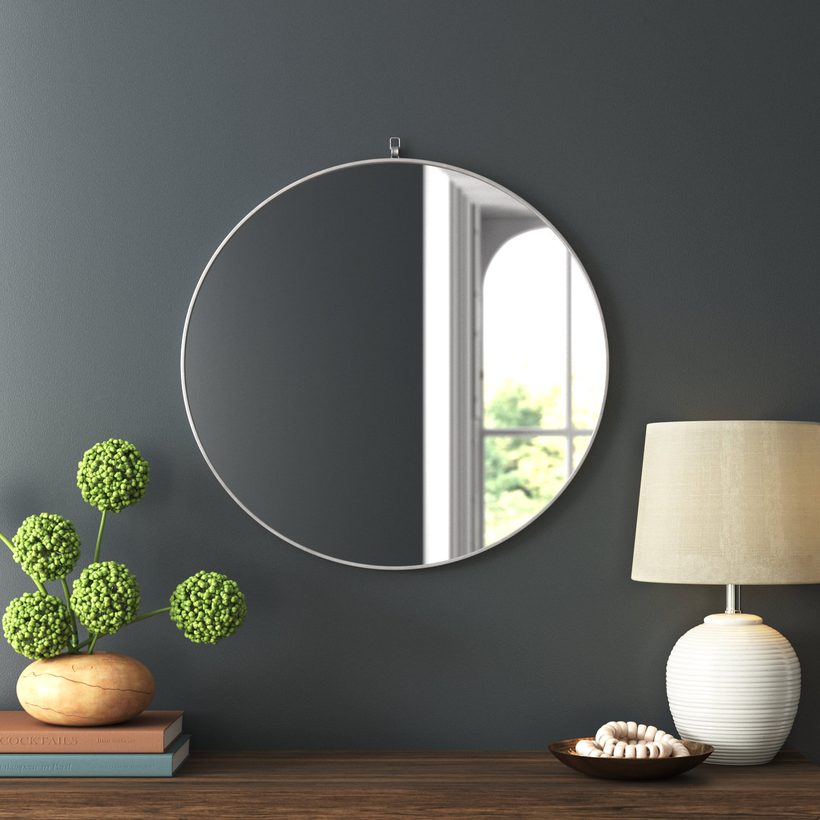 Cassie Metal/Manufactured Wood Round Wall Mirror, 28" x 28" , Silver