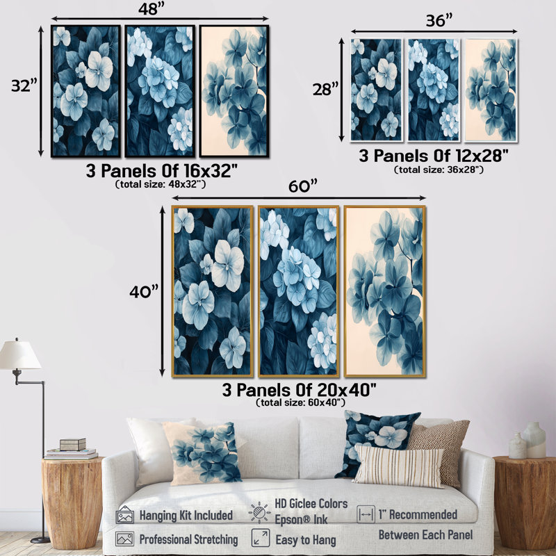 Ensemble d'hortensias monochromes motif grappe I - Collection d'art mural hydrangées dorées 3 pièces, Toile tendue