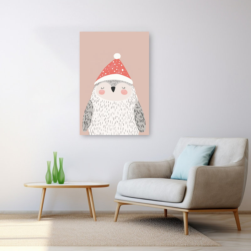 Baby Owl Santa Hat Minimalist Bird Owl Forest Wall Art Print by Mathieu - Wrapped Canvas Print, 121.92cm H x 81.28cm W