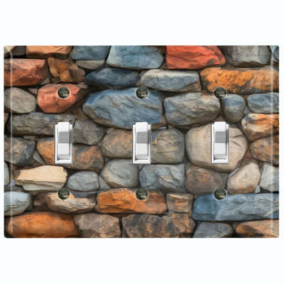 Natural Rustic Boulder Rock Print Nature Themed 3 - Gang Toggle Light Switch Standard Wall Plate