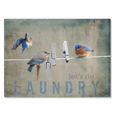 Wrapped Canvas Wall Art - Jai Johnson 'Laundry Day Bluebirds' Wall Art for Living Room, Bedroom, or Office Décor - 35x47