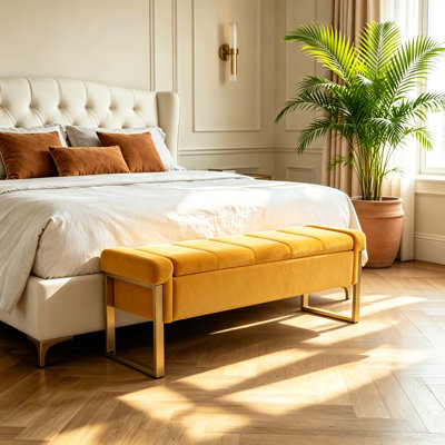 55" Storage Bench for Bedroom, Modern Tufted End of Bed Bench for King Size Bed, Upholstered Long Ottoman Bench with Gold Legs for Living Room/Entryway