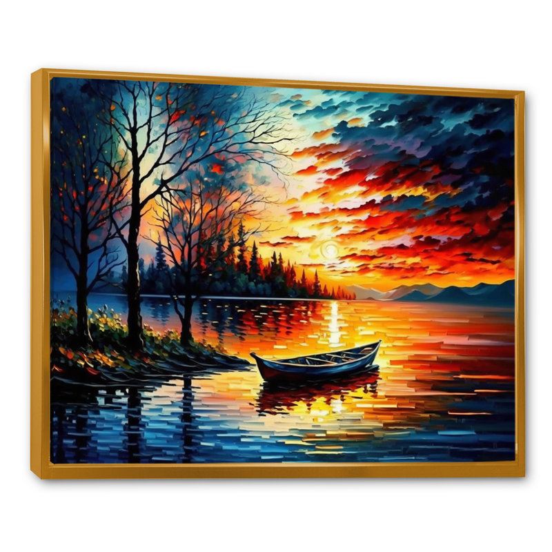«Canoe on the Lake in the Fall», reproduction sur toile, H 12 po x l 20 po x P 1 po, Toile avec cadre flottant or