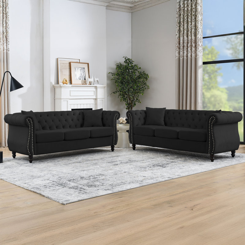 2Pcs 3 Seater 80" Chesterfield Sofa Velvet, Black