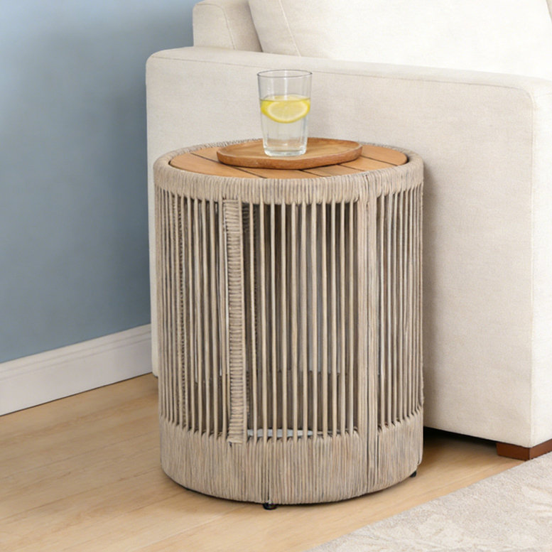 Table d'appoint d'extérieur en bois de rotin, Teck et beige
