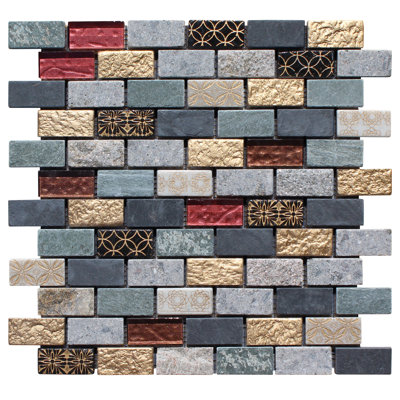 Carreau de mosaïque murale linéaire en pierre naturelle et brique de verre 1 "x 2"