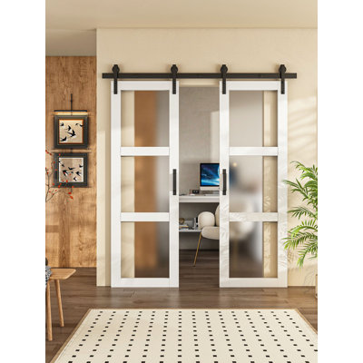 36"x 84" (Double 18" x 84" Glass Doors) White 3 Lites Tempered Frosted Glass Sliding Barn Door with Hardware Kit and Handle, MDF & PVC Sliding Split Barn Doors,Glass Bypass Door,Preassembled Door Panel