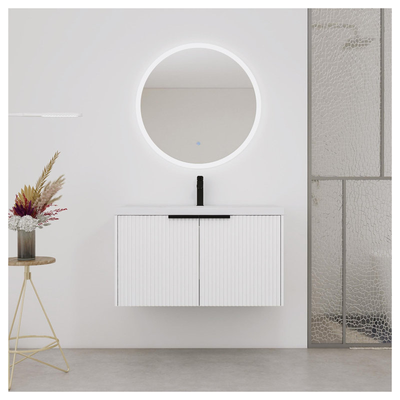 Meuble-lavabo mural 36 po avec lavabo en résine et portes à fermeture en douceur, blanc, White, Matte Black