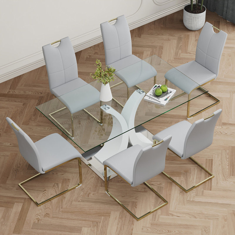 Table de salle à manger Willaim, Gris léger / argent , 7, Blanc / argenté
