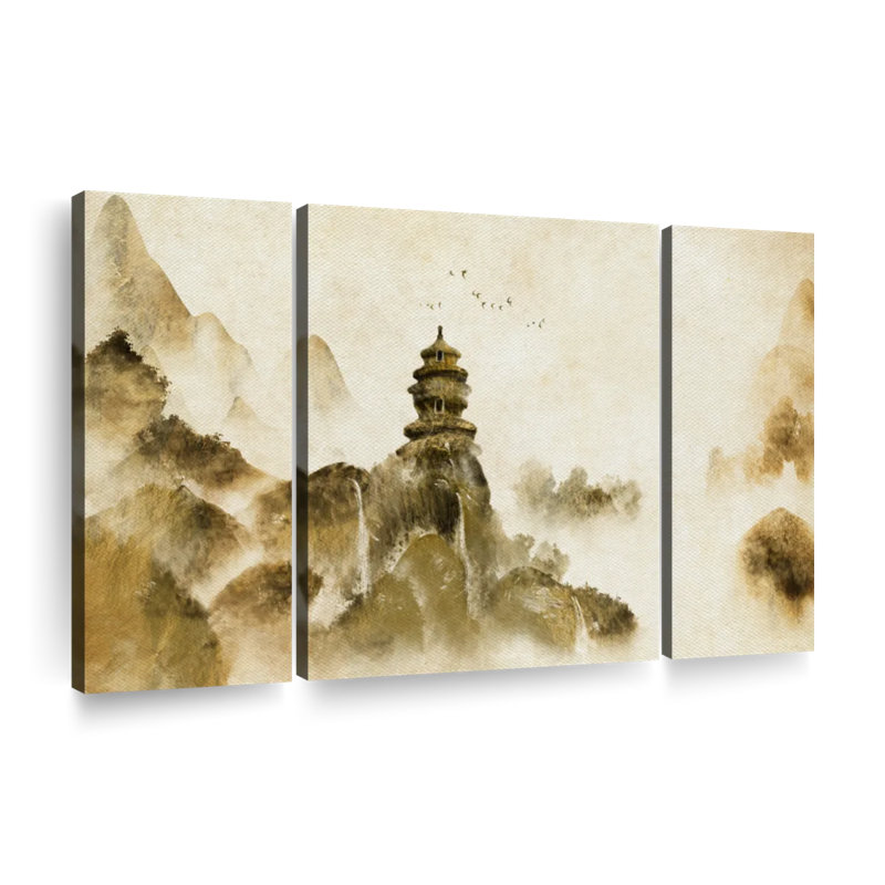 «Asian Architecture Mountain», reproduction d'art sur toile 3 pièces, H 36 po x l 74 po x P 1,25 po