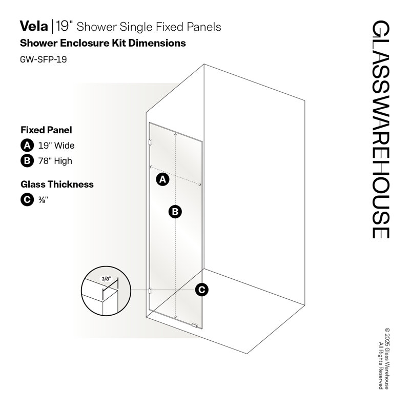 Vela 19 in. x 78 in. Fully Frameless Single Fixed Shower Panel, Matte Black