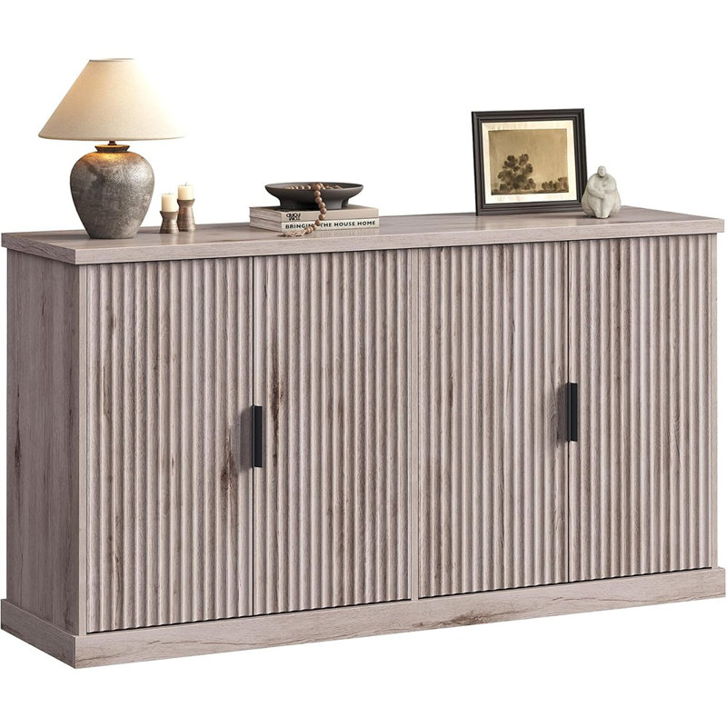 Fluted Console Buffet Cabinet, Adjustable Shelves, Grey