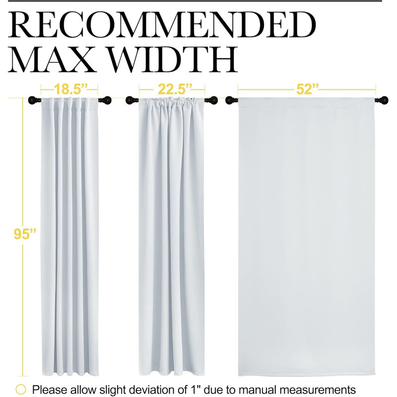 Blackout Curtain Light & Noise Reducing Room Darkening Drapes for Bedroom/Living Room/Kitchen, 2 Pieces, 52" W x 95" L
