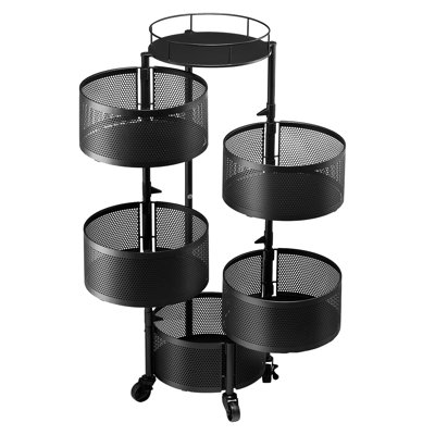 Rotating Storage Rack Cart, 5 Tier Fruit and Vegetable Basket Bowls, Heavy Duty Wire Basket Organizer on Wheels, Large Capacity Stand with Metal Top Lid, for Kitchen Bathroom Nursery, Black