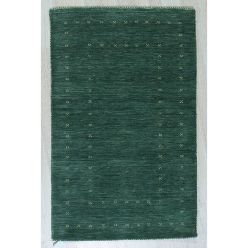 Tapis vert en laine fait à la main Kristilyn, Rectangulaire 3 pi x 5 pi
