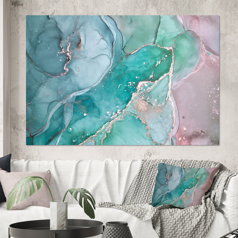 Marbre abstrait turquoise - peinture sur toile, Toile tendue, H 40 po x l 60 po